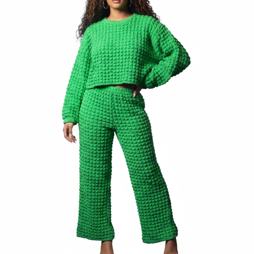 Bright Green Textured Wide-Leg Knit Pants
